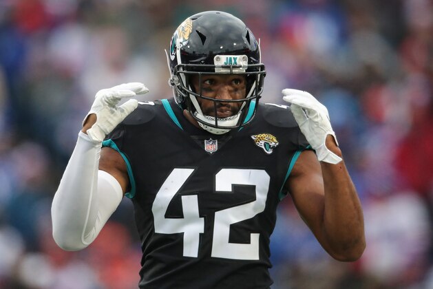 BUFFALO, NY - NOVEMBER 25: Barry Church #42 of the Jacksonville Jaguars during NFL game action against the Buffalo Bills at New Era Field on November 25, 2018 in Buffalo, New York. (Photo by Tom Szczerbowski/Getty Images)