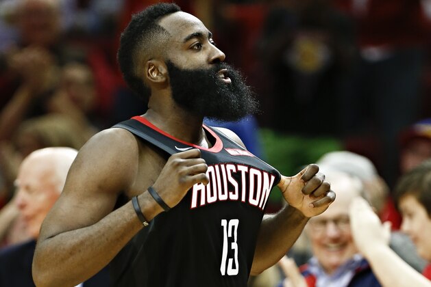 HOUSTON, TX - DECEMBER 13:  James Harden #13 of the Houston Rockets reacts after a three point basket during the fourth quarter against the Los Angeles Lakers at Toyota Center on December 13, 2018 in Houston, Texas. NOTE TO USER: User expressly acknowledges and agrees that, by downloading and or using this photograph, User is consenting to the terms and conditions of the Getty Images License Agreement.  (Photo by Bob Levey/Getty Images)