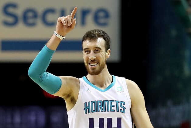 CHARLOTTE, NC - DECEMBER 12:  Frank Kaminsky #44 of the Charlotte Hornets reacts against the Detroit Pistons during their game at Spectrum Center on December 12, 2018 in Charlotte, North Carolina.  NOTE TO USER: User expressly acknowledges and agrees that, by downloading and or using this photograph, User is consenting to the terms and conditions of the Getty Images License Agreement.  (Photo by Streeter Lecka/Getty Images)