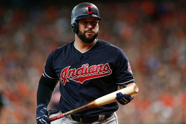 HOUSTON, TX - OCTOBER 06:  Yonder Alonso #17 of the Cleveland Indians reacts after striking out against Gerrit Cole #45 of the Houston Astros (not pictured) in the second inning during Game Two of the American League Division Series at Minute Maid Park on October 6, 2018 in Houston, Texas.  (Photo by Tim Warner/Getty Images)