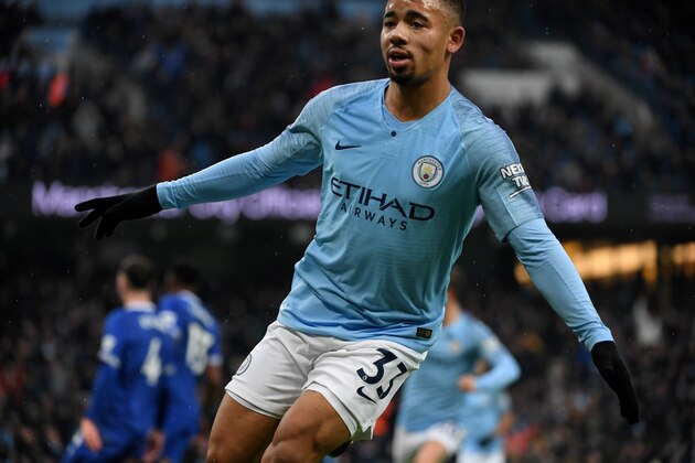 Manchester City's Brazilian striker Gabriel Jesus celebrates scoring the opening goal during the English Premier League football match between Manchester City and Everton at the Etihad Stadium in Manchester, north west England, on December 15, 2018. (Photo by Paul ELLIS / AFP) / RESTRICTED TO EDITORIAL USE. No use with unauthorized audio, video, data, fixture lists, club/league logos or 'live' services. Online in-match use limited to 120 images. An additional 40 images may be used in extra time. No video emulation. Social media in-match use limited to 120 images. An additional 40 images may be used in extra time. No use in betting publications, games or single club/league/player publications. /         (Photo credit should read PAUL ELLIS/AFP/Getty Images)