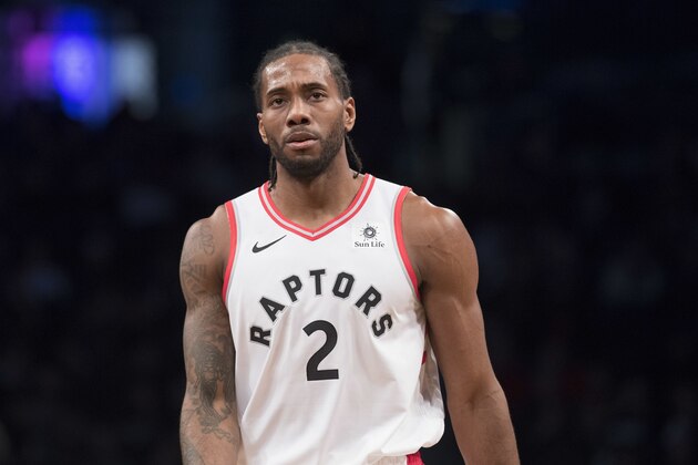 Toronto Raptors forward Kawhi Leonard during a pause in action in the first half of an NBA basketball game after the game, Friday, Dec. 7, 2018, in New York. (AP Photo/Mary Altaffer)
