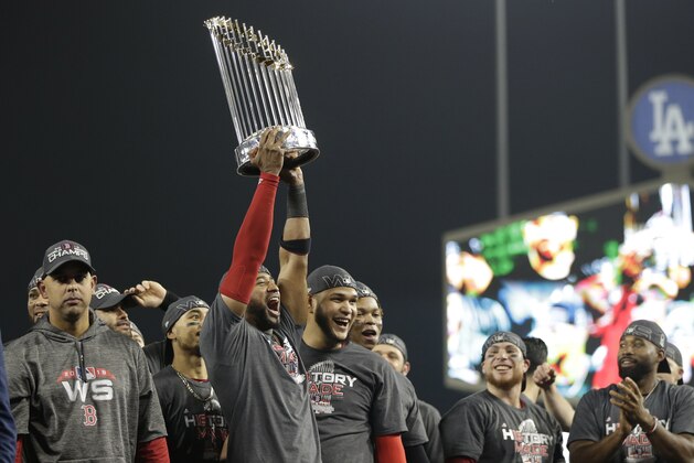 The Boston Red Sox celebrate after Game 5 of baseball's World Series against the Los Angeles Dodgers on Sunday, Oct. 28, 2018, in Los Angeles. The Red Sox won 5-1 to win the series 4 game to 1. (AP Photo/Jae C. Hong)