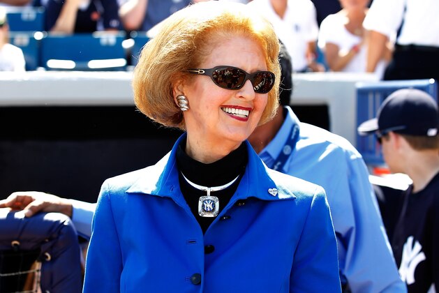 TAMPA, FL - FEBRUARY 26:  Joan Steinbrenner, widow of George Steinbrenner, smiles prior to the start of the Grapefruit League Spring Training Game between the New York Yankees and the Philadelphia Phillies at George M. Steinbrenner Field on February 26, 2011 in Tampa, Florida.  (Photo by J. Meric/Getty Images)