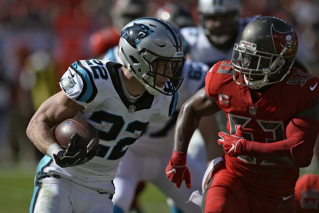 Carolina Panthers running back Christian McCaffrey (22) cuts around Tampa Bay Buccaneers outside linebacker Adarius Taylor (53) on a run during the first half of an NFL football game Sunday, Dec. 2, 2018, in Tampa, Fla. (AP Photo/Jason Behnken)