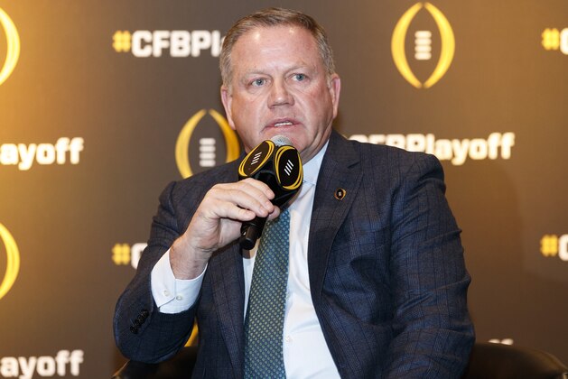 ATLANTA, GA - December 6: Notre Dame Head Coach Brian Kelly speaks at the College Football Playoff Semifinal Head Coaches News Conference on December 6, 2018 in Atlanta, Georgia. (Photo by Todd Kirkland/Getty Images)