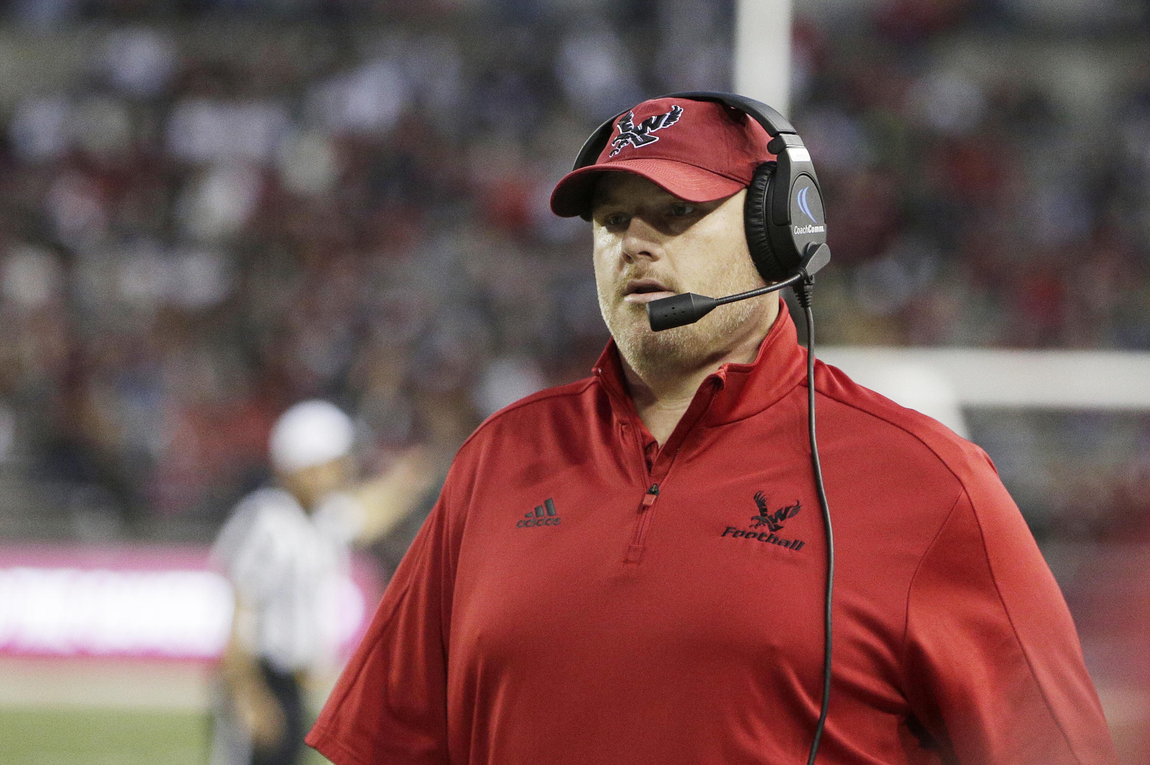 Eastern Washington head coach Aaron Best looks on during the second half of an NCAA college football game against Washington State in Pullman, Wash., Saturday, Sept. 15, 2018. (AP Photo/Young Kwak)