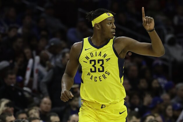 Indiana Pacers' Myles Turner in action during an NBA basketball game against the Philadelphia 76ers, Friday, Dec. 14, 2018, in Philadelphia. (AP Photo/Matt Slocum)