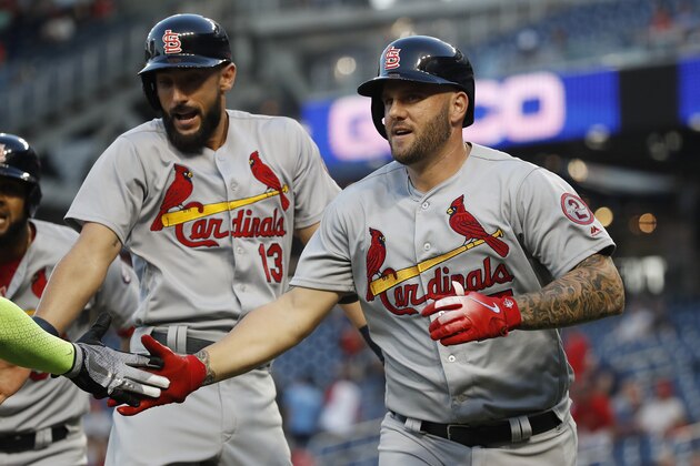 WASHINGTON, DC - SEPTEMBER 05: Matt Adams #15 of the St. Louis Cardinals celebrates with his teammates after hititing a three-run home run in the first inning against the Washington Nationals at Nationals Park on September 5, 2018 in Washington, DC. (Photo by Patrick McDermott/Getty Images)