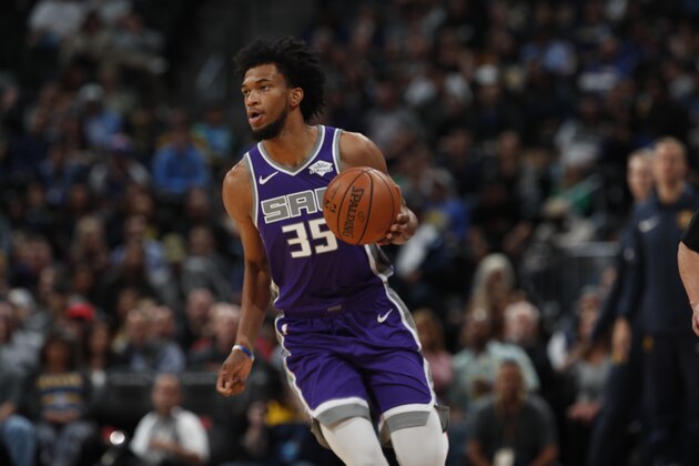 Sacramento Kings forward Marvin Bagley III (35) in the first half of an NBA basketball game Tuesday, Oct. 23, 2018, in Denver. (AP Photo/David Zalubowski)