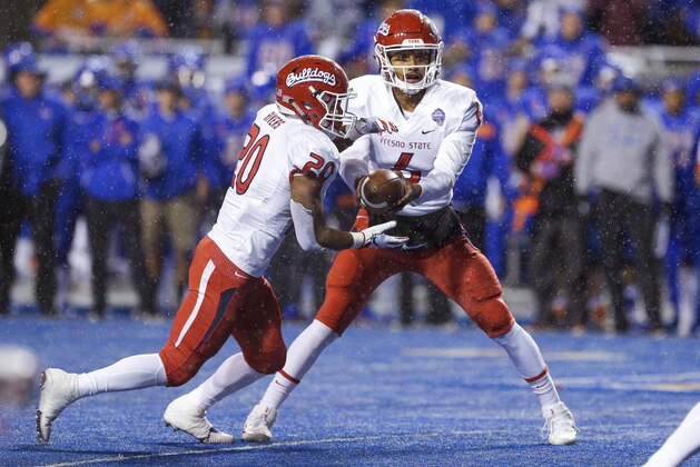 Fresno State quarterback Marcus McMaryion (6) looks to hand the ball off to running back Ronnie Rivers (20) against Boise State during the first half of an NCAA college football game for the Mountain West championship, Saturday, Dec. 1, 2018, in Boise, Idaho. (AP Photo/Steve Conner)