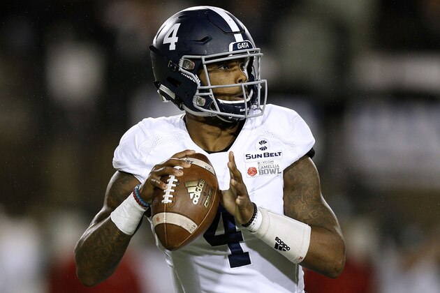 MONTGOMERY, AL - DECEMBER 15:  Shai Werts #4 of the Georgia Southern Eagles throws the ball during the first half of the Raycom Media Camellia Bowl against the Eastern Michigan Eagles at Cramton Bowl on December 15, 2018 in Montgomery, Alabama.  (Photo by Jonathan Bachman/Getty Images)