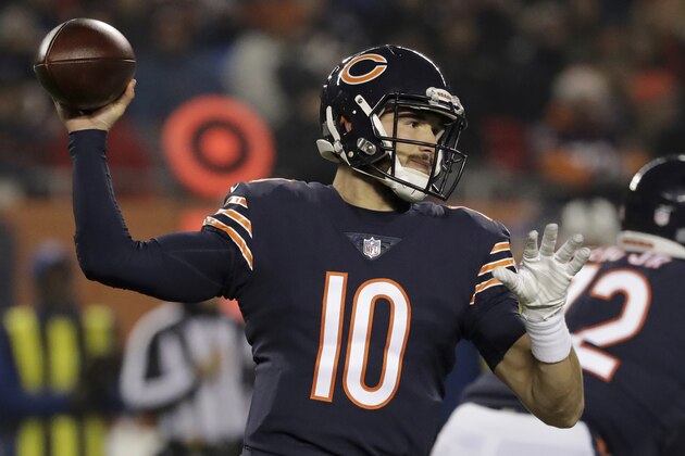 Chicago Bears quarterback Mitchell Trubisky (10) throws a pass during the first half of an NFL football game against the Los Angeles Rams Sunday, Dec. 9, 2018, in Chicago. (AP Photo/Nam Y. Huh)