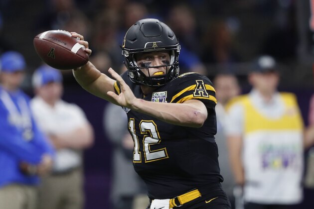 Appalachian State quarterback Zac Thomas (12) passes in the first half of the New Orleans Bowl NCAA college football game against Middle Tennessee in New Orleans, Saturday, Dec. 15, 2018. (AP Photo/Gerald Herbert)