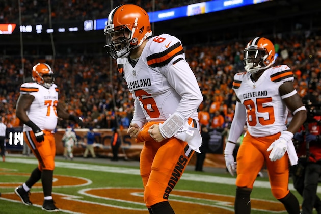 DENVER, CO - DECEMBER 15:  Quarterback Baker Mayfield #6 of the Cleveland Browns celebrates after a first quarter touchdown pass against the Denver Broncos at Broncos Stadium at Mile High on December 15, 2018 in Denver, Colorado. (Photo by Matthew Stockman/Getty Images)