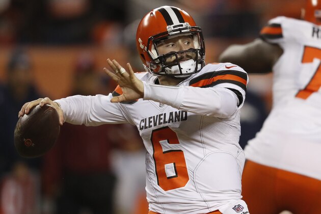Cleveland Browns quarterback Baker Mayfield (6) throws against the Denver Broncos during the second half of an NFL football game, Saturday, Dec. 15, 2018, in Denver. (AP Photo/David Zalubowski)