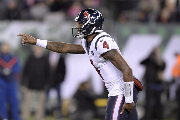 Houston Texans quarterback Deshaun Watson gestures during the second half of an NFL football game against the Houston Texans, Saturday, Dec. 15, 2018, in East Rutherford, N.J. The Texans won 29-22. (AP Photo/Bill Kostroun)