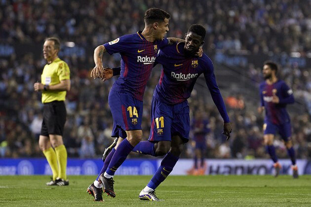 VIGO, SPAIN - APRIL 17:  Ousmane Dembele and Philippe Coutinho of FC Barcelona celebrate the first goal during the La Liga match between Celta de Vigo and Barcelona at Balaidos Stadium on April 17, 2018 in Vigo, Spain.  (Photo by Quality Sport Images/Getty Images)