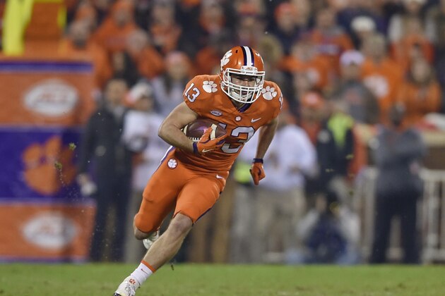 Clemson's Hunter Renfrow runs after a reception during the first half of an NCAA college football game against South Carolina Saturday, Nov. 24, 2018, in Clemson, S.C. Clemson won 56-35. . (AP Photo/Richard Shiro)