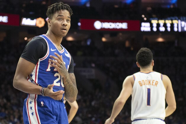 Philadelphia 76ers' Markelle Fultz (20) is seen in action during an NBA basketball game against the Phoenix Suns, Monday, Nov. 19, 2018, in Philadelphia. The 76ers beat the Suns 119-114. (AP Photo/Michael Perez)