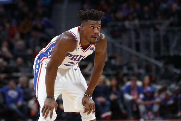 Philadelphia 76ers guard Jimmy Butler plays in the second half of an NBA basketball game against the Detroit Pistons in Detroit, Friday, Dec. 7, 2018. (AP Photo/Paul Sancya)