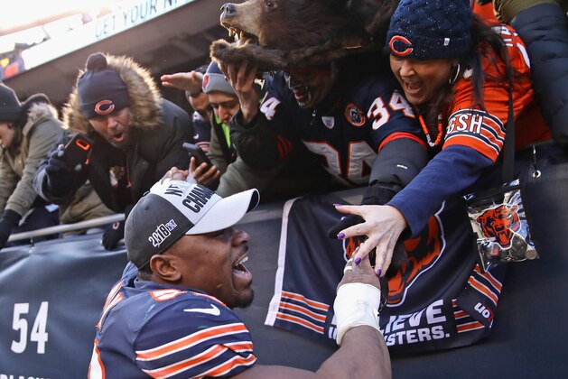 CHICAGO, IL - DECEMBER 16:   Khalil Mack #52 of the Chicago Bears celebrates with fans after a win against the Green Bay Packers at Soldier Field on December 16, 2018 in Chicago, Illinois.The Bears defeated the Packers 24-17. (Photo by Jonathan Daniel/Getty Images)