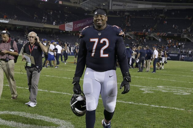 Chicago Bears offensive tackle Charles Leno (72) walks off the field after an NFL football game against the Seattle Seahawks Monday, Sept. 17, 2018, in Chicago. The Bears won 24-17. (AP Photo/David Banks)