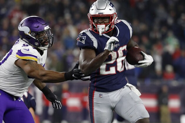 New England Patriots' Sony Michel runs against the Minnesota Vikings during an NFL football game at Gillette Stadium, Sunday, Dec. 2, 2018 in Foxborough, Mass. (Winslow Townson/AP Images for Panini)