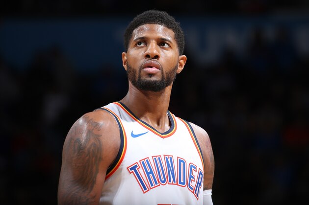 OKLAHOMA CITY, OK- DECEMBER 15: Paul George #13 of the Oklahoma City Thunder looks on during the game against the LA Clippers on December 15, 2018 at Chesapeake Energy Arena in Oklahoma City, Oklahoma. NOTE TO USER: User expressly acknowledges and agrees that, by downloading and or using this photograph, User is consenting to the terms and conditions of the Getty Images License Agreement. Mandatory Copyright Notice: Copyright 2018 NBAE (Photo by Zach Beeker/NBAE via Getty Images)