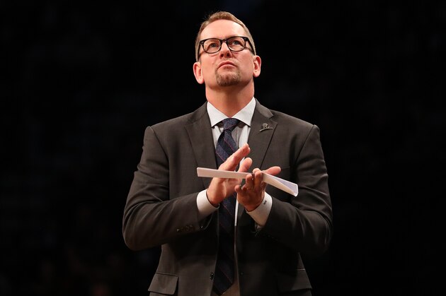 NEW YORK, NEW YORK - DECEMBER 07: Head Coach Nick Nurse of the Toronto Raptors looks on against the Brooklyn Nets during their game at the Barclays Center on December 07, 2018 in New York City. (Photo by Al Bello/Getty Images)