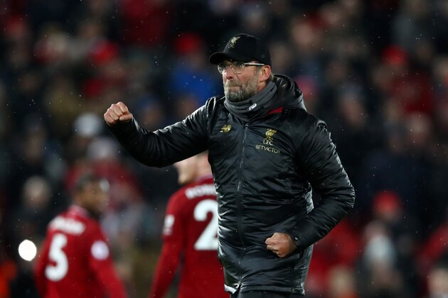 LIVERPOOL, ENGLAND - DECEMBER 16:  Jurgen Klopp, Manager of Liverpool celebrates following his sides victory in the Premier League match between Liverpool FC and Manchester United at Anfield on December 16, 2018 in Liverpool, United Kingdom.  (Photo by Clive Brunskill/Getty Images)