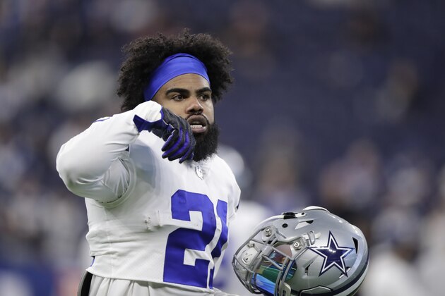 Dallas Cowboys running back Ezekiel Elliott warms up before an NFL football game between the Indianapolis Colts and the Dallas Cowboys, Sunday, Dec. 16, 2018, in Indianapolis. (AP Photo/Michael Conroy)