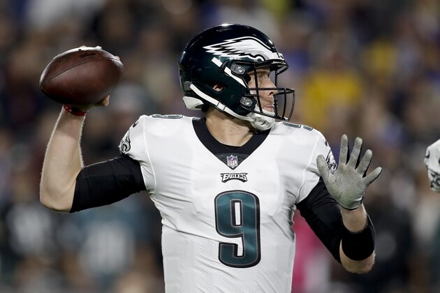 Philadelphia Eagles quarterback Nick Foles passes against the Los Angeles Rams during the first half in an NFL football game Sunday, Dec. 16, 2018, in Los Angeles. (AP Photo/Marcio Jose Sanchez)
