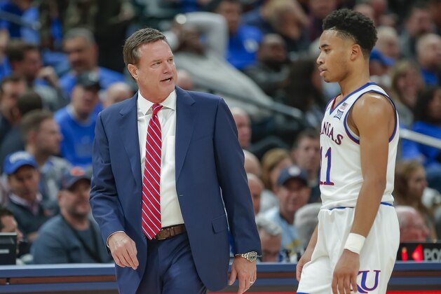 INDIANAPOLIS, IN - NOVEMBER 06: Head coach Bill Self of the Kansas Jayhawks talks with Devon Dotson #11 of the Kansas Jayhawks during the game against the Michigan State Spartans at Bankers Life Fieldhouse on November 6, 2018 in Indianapolis, Indiana. (Photo by Michael Hickey/Getty Images)
