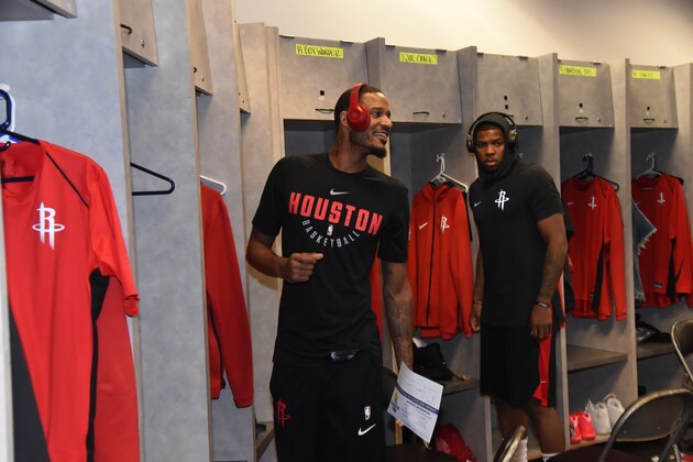 OAKLAND, CA - MAY 26:   Trevor Ariza #1 of the Houston Rockets looks on prior to Game Six of the Western Conference Finals during the 2018 NBA Playoffs against the Golden State Warriors on May 26, 2018 at ORACLE Arena in Oakland, California. NOTE TO USER: User expressly acknowledges and agrees that, by downloading and/or using this Photograph, user is consenting to the terms and conditions of the Getty Images License Agreement. Mandatory Copyright Notice: Copyright 2018 NBAE (Photo by Bill Baptist/NBAE via Getty Images)