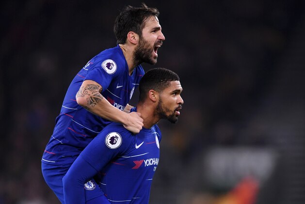 WOLVERHAMPTON, ENGLAND - DECEMBER 05: Ruben Loftus-Cheek of Chelsea celebrates scoring the opening goal with Cesc Fabregas during the Premier League match between Wolverhampton Wanderers and Chelsea FC at Molineux on December 05, 2018 in Wolverhampton, United Kingdom. (Photo by Laurence Griffiths/Getty Images)