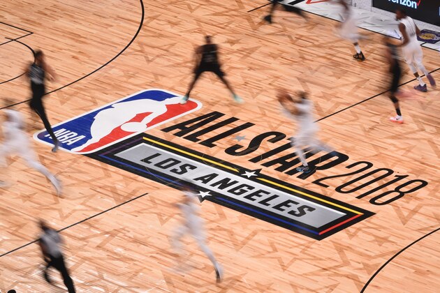 LOS ANGELES, CA - FEBRUARY 18: Center court logo during the NBA All-Star Game as a part of 2018 NBA All-Star Weekend at STAPLES Center on February 18, 2018 in Los Angeles, California. NOTE TO USER: User expressly acknowledges and agrees that, by downloading and/or using this photograph, user is consenting to the terms and conditions of the Getty Images License Agreement. Mandatory Copyright Notice: Copyright 2018 NBAE (Photo by Noah Graham/NBAE via Getty Images) LOS ANGELES, CA - FEBRUARY 18: Center court logo during the NBA All-Star Game as a part of 2018 NBA All-Star Weekend at STAPLES Center on February 18, 2018 in Los Angeles, California. NOTE TO USER: User expressly acknowledges and agrees that, by downloading and/or using this photograph, user is consenting to the terms and conditions of the Getty Images License Agreement. Mandatory Copyright Notice: Copyright 2018 NBAE (Photo by Noah Graham/NBAE via Getty Images)