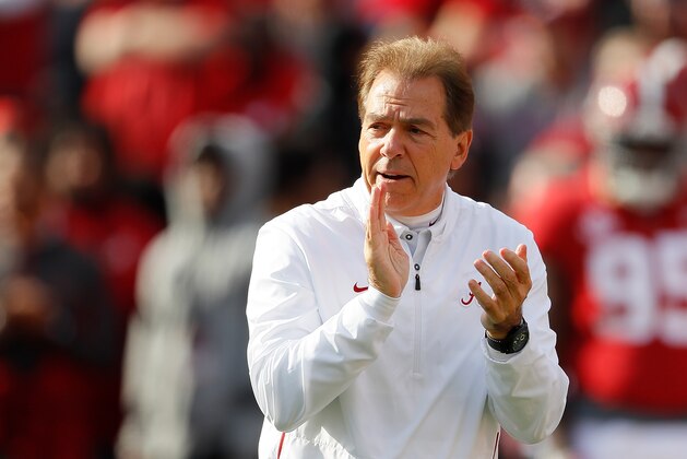 TUSCALOOSA, AL - NOVEMBER 24:  Head coach Nick Saban of the Alabama Crimson Tide runs warmups prior to facing the Auburn Tigers at Bryant-Denny Stadium on November 24, 2018 in Tuscaloosa, Alabama.  (Photo by Kevin C. Cox/Getty Images)