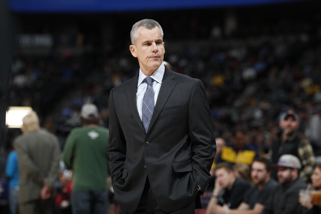 Oklahoma City Thunder head coach Billy Donovan in the first half of an NBA basketball game Friday, Dec. 14, 2018, in Denver. (AP Photo/David Zalubowski)