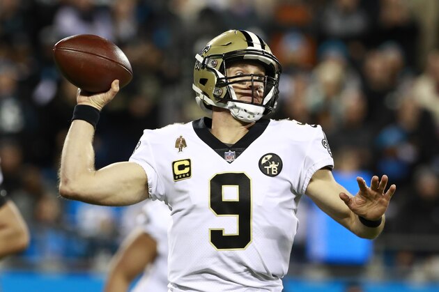 New Orleans Saints' Drew Brees (9) looks to pass against the Carolina Panthers in the first half of an NFL football game in Charlotte, N.C., Monday, Dec. 17, 2018. (AP Photo/Jason E. Miczek)