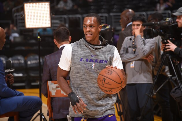 LOS ANGELES, CA - NOVEMBER 29: Rajon Rondo #9 of the Los Angeles Lakers warms up prior to a game against the Indiana Pacers on November 29, 2018 at STAPLES Center in Los Angeles, California. NOTE TO USER: User expressly acknowledges and agrees that, by downloading and/or using this Photograph, user is consenting to the terms and conditions of the Getty Images License Agreement. Mandatory Copyright Notice: Copyright 2018 NBAE (Photo by Adam Pantozzi/NBAE via Getty Images)