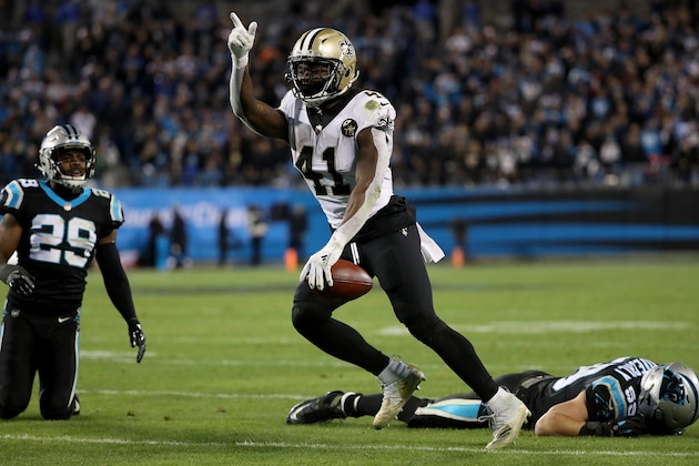 CHARLOTTE, NC - DECEMBER 17:  Alvin Kamara #41 of the New Orleans Saints reacts against the Carolina Panthers in the fourth quarter during their game at Bank of America Stadium on December 17, 2018 in Charlotte, North Carolina.  (Photo by Streeter Lecka/Getty Images)