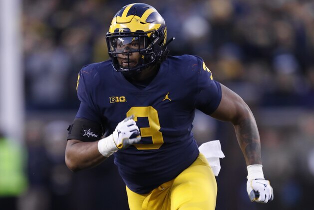 Michigan defensive lineman Rashan Gary plays against Penn State in the second half of an NCAA college football game in Ann Arbor, Mich., Saturday, Nov. 3, 2018. (AP Photo/Paul Sancya)