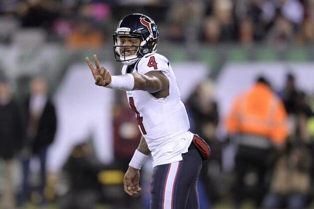 Houston Texans quarterback Deshaun Watson gestures during the second half of an NFL football game against the Houston Texans, Saturday, Dec. 15, 2018, in East Rutherford, N.J. The Texans won 29-22. (AP Photo/Bill Kostroun)