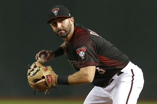 Arizona Diamondbacks third baseman Daniel Descalso (3) in the first inning during a baseball game against the Colorado Rockies, Saturday, Sept. 22, 2018, in Phoenix. (AP Photo/Rick Scuteri)