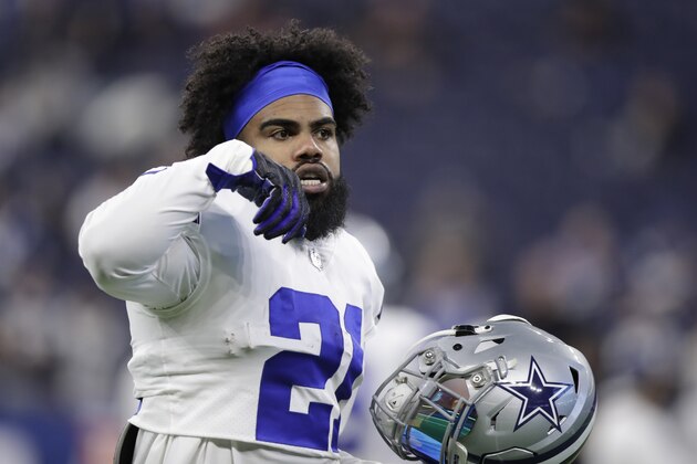 Dallas Cowboys running back Ezekiel Elliott warms up before an NFL football game between the Indianapolis Colts and the Dallas Cowboys, Sunday, Dec. 16, 2018, in Indianapolis. (AP Photo/Michael Conroy)