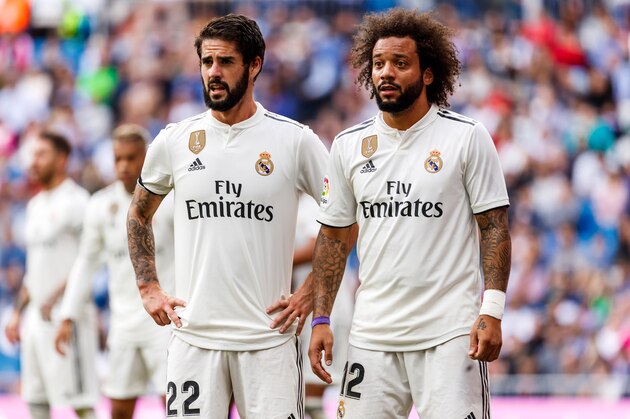 MADRID, SPAIN - OCTOBER 20: Isco Alarcon of Real Madrid and Marcelo of Real Madrid look on during the La Liga match between Real Madrid CF and Levante UD at Estadio Santiago Bernabeu on October 20, 2018 in Madrid, Spain. (Photo by TF-Images/Getty Images)