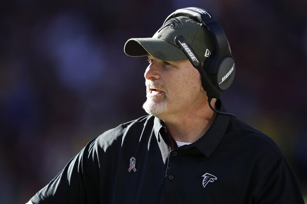 LANDOVER, MD - NOVEMBER 04: Head coach Dan Quinn of the Atlanta Falcons looks on during the game against the Washington Redskins at FedEx Field on November 4, 2018 in Landover, Maryland. Atlanta won 38-14. (Photo by Joe Robbins/Getty Images)