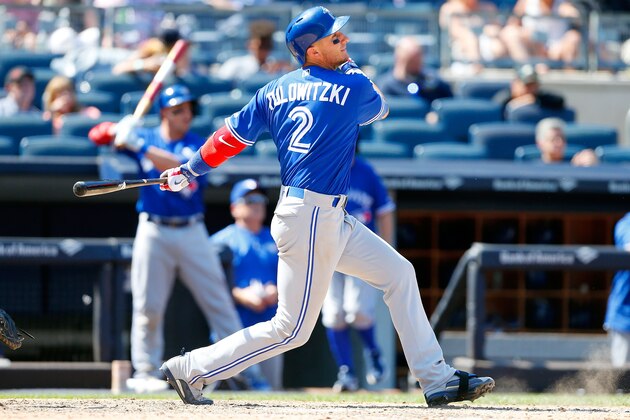 NEW YORK, NY - JULY 05:  Troy Tulowitzki #2 of the Toronto Blue Jays follows through on a seventh inning single against the New York Yankees at Yankee Stadium on July 5, 2017 in the Bronx borough of New York City. The Blue Jays defeated the Yankees 7-6.  (Photo by Jim McIsaac/Getty Images)