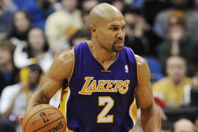 Los Angeles Lakers' Derek Fisher in the second half of an NBA basketball game against the Minnesota Timberwolves Sunday, Jan. 29, 2012, in Minneapolis. The Lakers won 106-101. (AP Photo/Jim Mone)